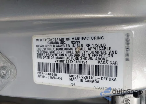 1999 Toyota Corolla Ce z USA, uszkodzony, nr VIN 2T1BR12E9XC180124